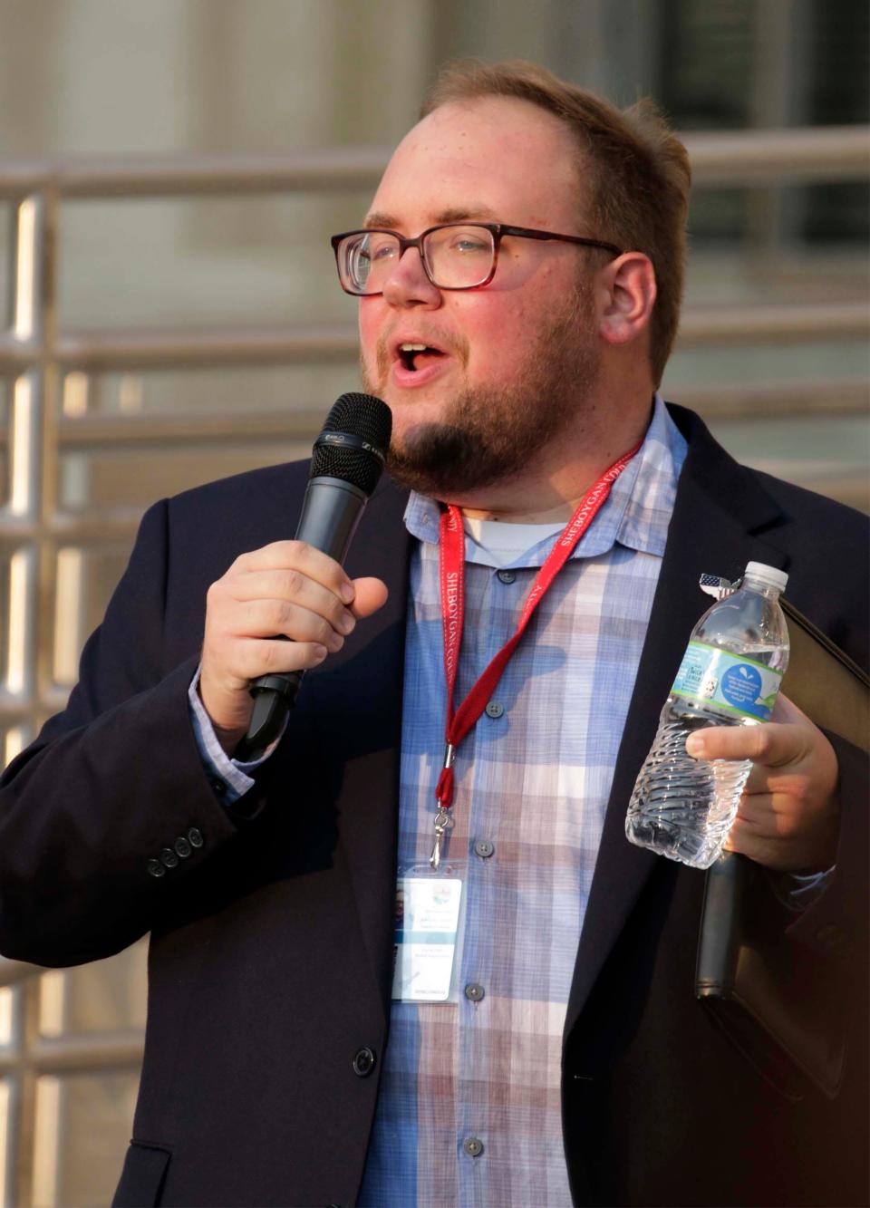 County Supervisor Jacob Immel of the 18th district speaks to the crowd during the Freedom Rally in front of the Sheboygan County Courthouse, Tuesday, September 15, 2020, in Sheboygan, Wis.