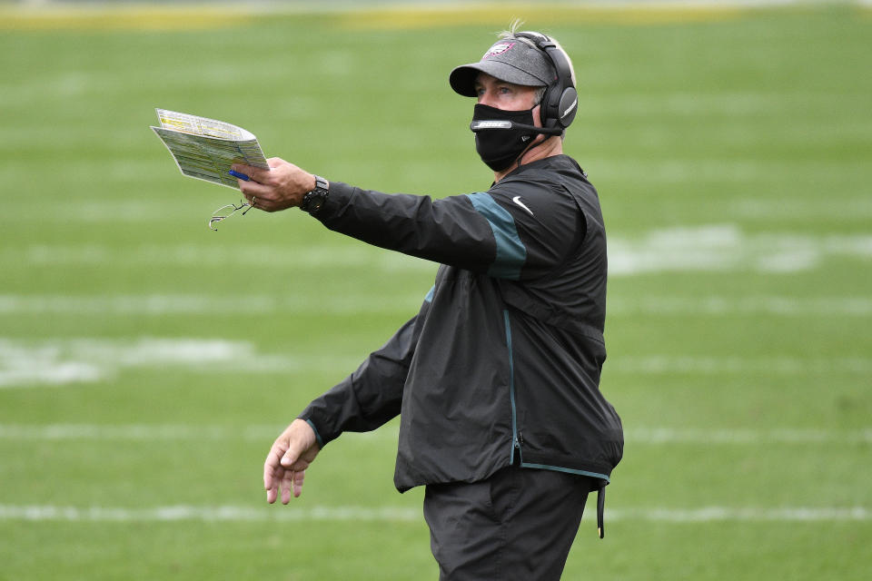 Philadelphia Eagles head coach Doug Pederson gives instructions during the first half of an NFL football game against the Pittsburgh Steelers in Pittsburgh, Sunday, Oct. 11, 2020. (AP Photo/Don Wright)