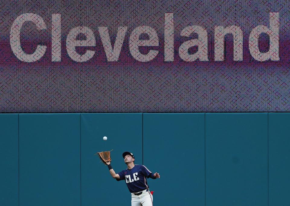 Cleveland Guardians outfielder Steven Kwan (38) gets under a fly ball hit by Seattle Mariners' Dominic Canzone on June 18 in Cleveland.