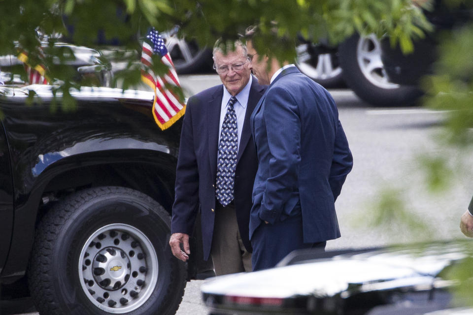 Chairman of the Senate Armed Services Committee Jim Inhofe, R-Okla., left, talks with incoming acting Defense Secretary Mark Esper, as they arrive for a meeting with President Donald Trump about Iran at the White House, Thursday, June 20, 2019, in Washington. (AP Photo/Alex Brandon)