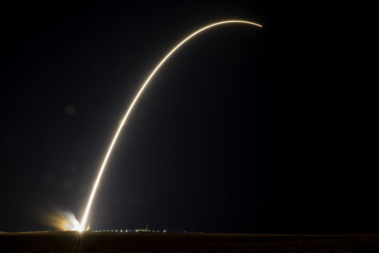 In this image provided by NASA, a Soyuz rocket carrying Roscosmos cosmonauts Alexey Ovchinin, Ivan Vagner and NASA astronaut Don Pettit, a new crew to the International Space Station (ISS), blasts off from the Russian leased Baikonur cosmodrome in Kazakhstan, Wednesday, Sept. 11, 2024. (Bill Ingalls/NASA via AP)