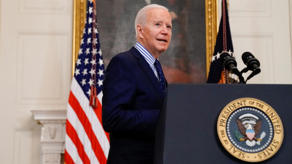 U.S. President Joe Biden makes remarks from the White House after his coronavirus pandemic relief legislation passed in the Senate, in Washington, U.S. March 6, 2021. (Erin Scott/Reuters)