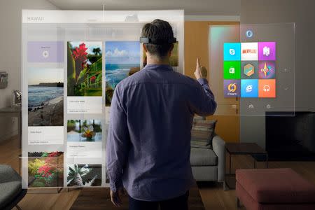 An undated handout illustration of Microsoft's HoloLens, a holographic lens device that allows users to see three-dimensional renderings of computer-generated images. REUTERS/Microsoft/Handout