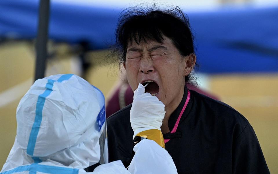 A health worker takes a swab sample from a woman - Noel Celis/AFP