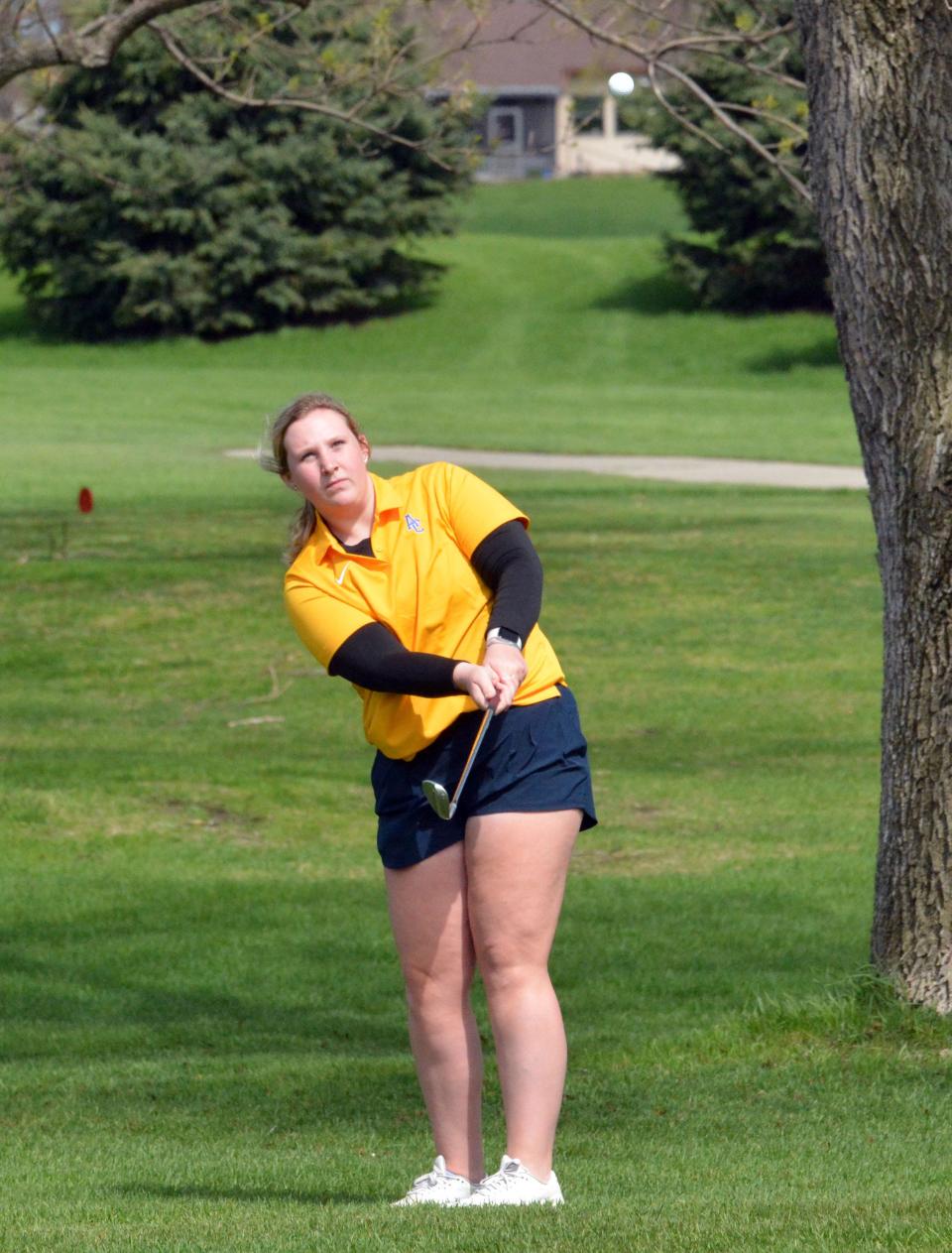 Aberdeen Central's Hayley Wirebaugh hits to No. 1 Yellow earlier this season during the Watertown Girls Golf Invitational at Cattail Crossing Golf Course.