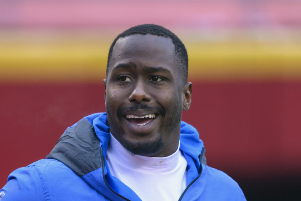 FILE - Los Angeles Chargers nose tackle Damion Square is shown during pre-game warmups before an NFL football game against the Kansas City Chiefs in Kansas City, Mo., in this Sunday, Jan. 3, 2021, file photo. The Browns bulked up their defensive line Tuesday, May 4, 2021, signing veteran tackle Damion Square. Square spent the past seven seasons with the Los Angeles Chargers. The 32-year-old hasn't missed a game the past four seasons. (AP Photo/Reed Hoffmann, File)