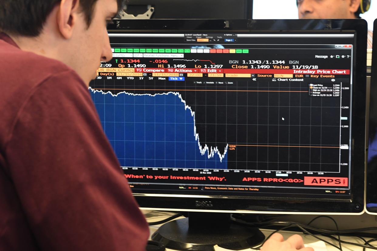 Under pressure: A Bloomberg terminal showing the drop in the pound following the resignation of Brexit secretary Dominic Raab on Thursday. Photo: Ben Fathers/AFP/Getty Images