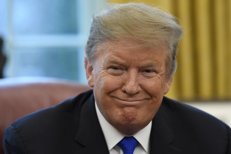 President Donald Trump smiles during his meeting with Chinese Vice Premier Liu He in the Oval Office of the White House in Washington, Friday, Feb. 22, 2019. (AP Photo/Susan Walsh)