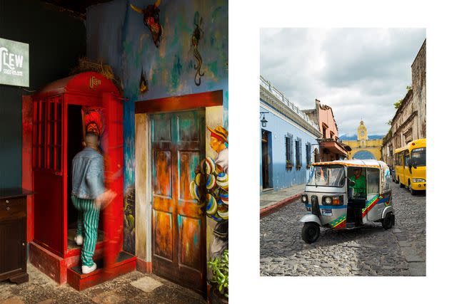 <p>Joaquin Trujillo</p> From left: The cocktail bar Ulew, where the entrance is concealed in a telephone booth; a tuk-tuk in Antigua Guatemala.