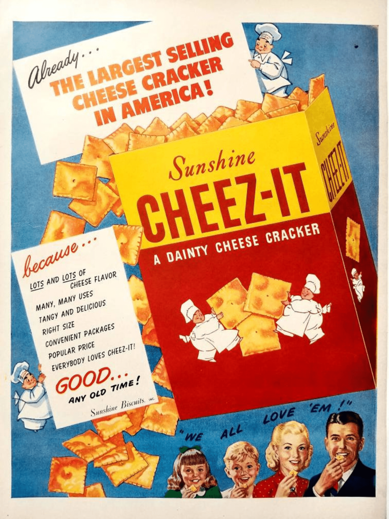 Vintage Cheez-Its advertisement, a big box of Cheez-Its with them coming out with wording, on a blue background, 1947