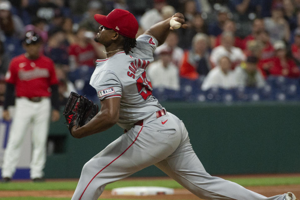 Los Angeles Angels starting pitcher Jose Soriano delivers against the Cleveland Guardians during the fifth inning of a baseball game in Cleveland Friday, May 3, 2024. (AP Photo/Phil Long)