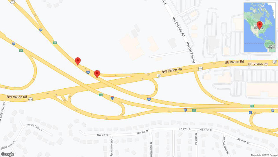 A detailed map that shows the affected road due to 'Broken down vehicle on northbound I-29 in Kansas City' on October 2nd at 6:50 p.m.