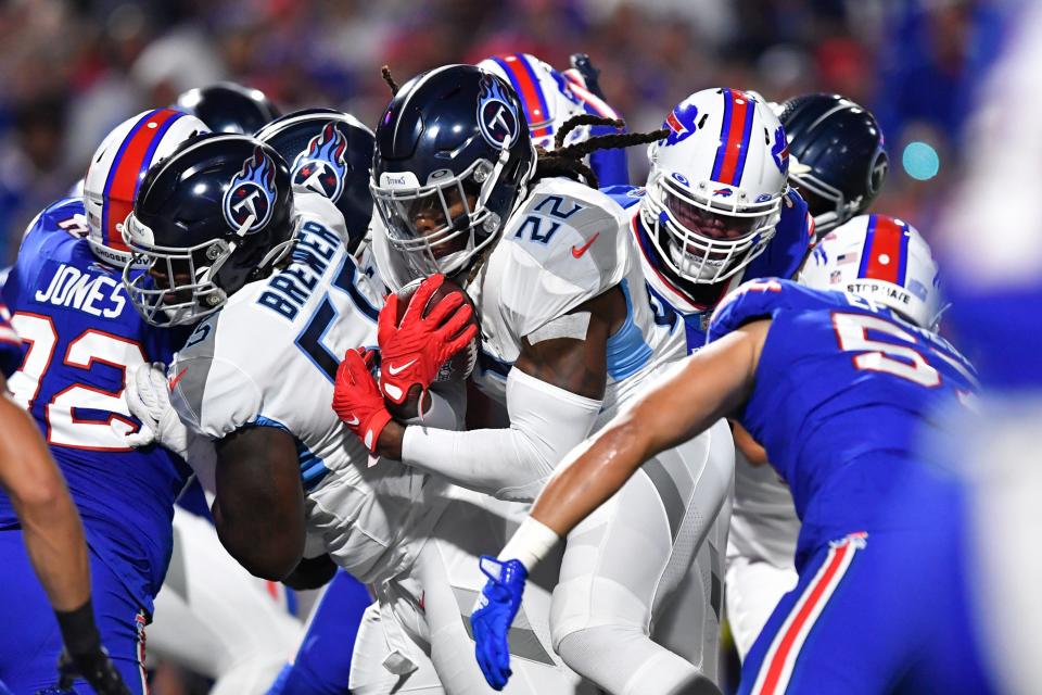 Tennessee Titans running back Derrick Henry (22) rushes for a touchdown during the first half of an NFL football game against the Buffalo Bills Monday, Sept. 19, 2022, in Orchard Park, N.Y. (AP Photo/Adrian Kraus)