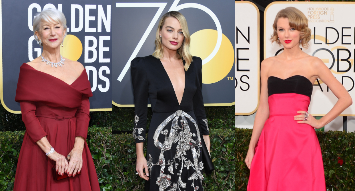 Helen Mirren, Margot Robbie and Taylor Swift pose on the red carpet ahead of the golden globe awards. (Images via Getty Images)