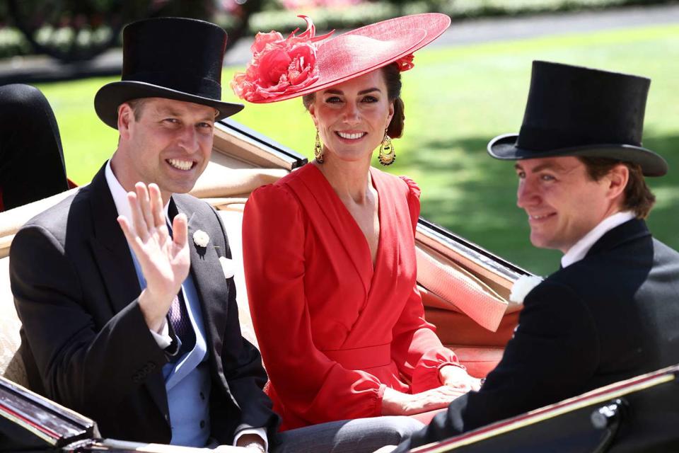 <p>HENRY NICHOLLS/AFP via Getty Images</p> Prince William and Kate Middleton arrive at Royal Ascot 2023