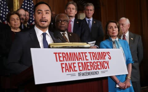 Rep. Joaquin Castro speaks about the resolution he sponsored to terminate President Donald Trump's emergency declaration  - Credit: Chip Somodevilla/Getty