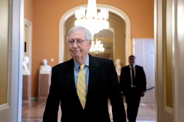 PHOTO: Senate Minority Leader Mitch McConnell walks to the Senate Chamber during a roll call vote at the Capitol, Sept. 14, 2022. (Stefani Reynolds/AFP via Getty Images)