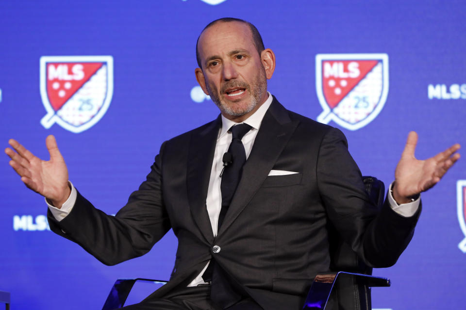 Major League Soccer Commissioner Don Garber speaks during the Major League Soccer 25th Season kickoff event in New York, Wednesday, Feb. 26, 2020. (AP Photo/Richard Drew)