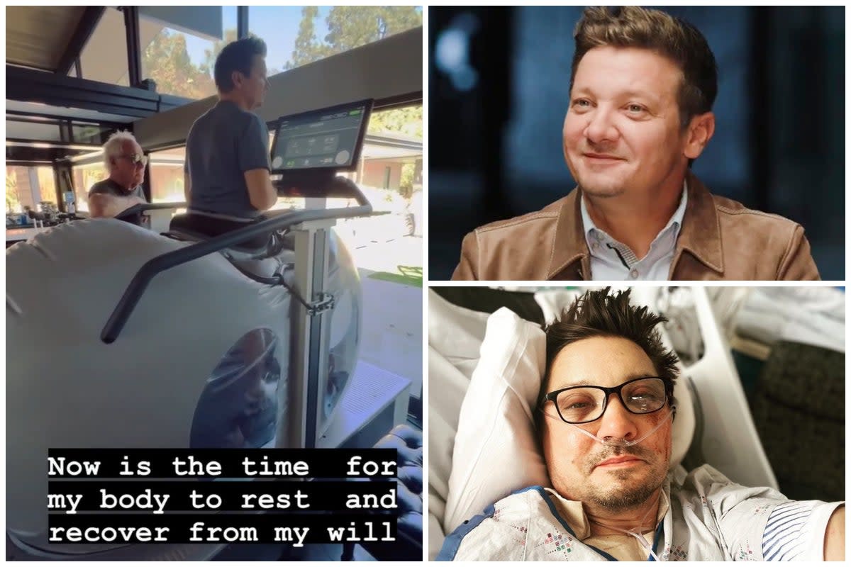 Jeremy Renner is using an anti-gravity treadmill to help his recovery after he was nearly crushed to death by a snowplough  (ES Composite)