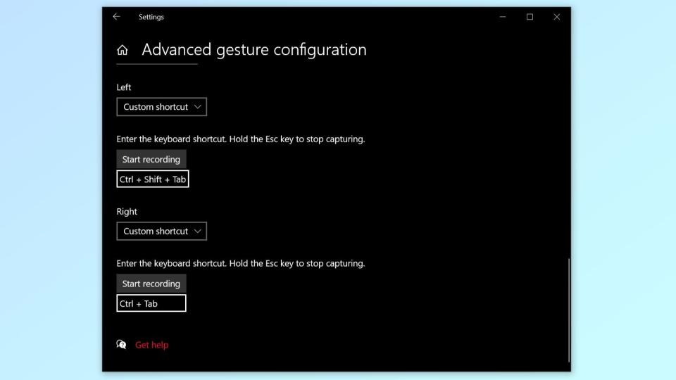 A screenshot showing the somewhat hidden Advanced gesture configuration menu in Windows 10