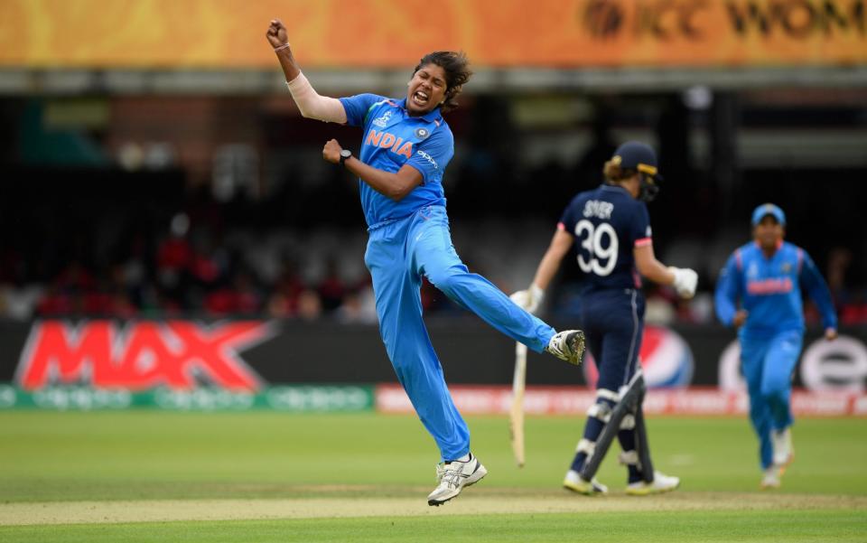 Jhulan Goswami celebrates the key wicket of Nat Sciver for 51 as she finishes with figures of 10-3-23-3 - Credit: Getty