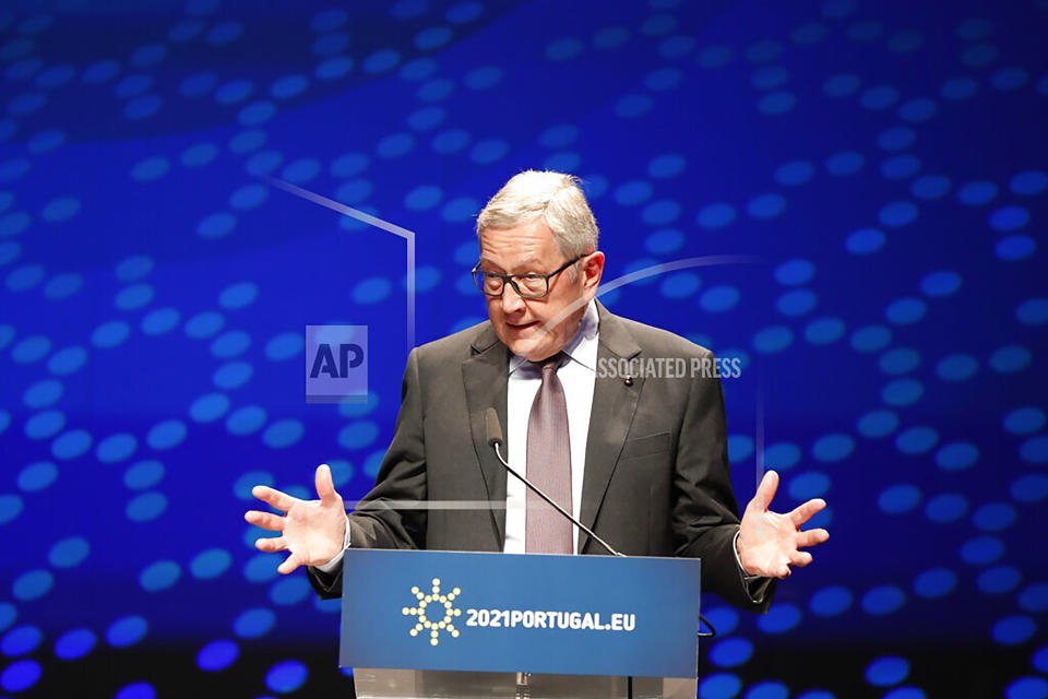 FILE - Managing Director of the European Stability Mechanism Klaus Regling speaks during a media conference after a meeting of eurozone finance ministers in Lisbon on May 21, 2021. Finance ministers from the 19 countries that share the euro currency may decide Thursday, June 16, 2022 on a successor to Germany’s Klaus Regling as managing director of the European Stability Mechanism. (AP Photo/Armando Franca, File)