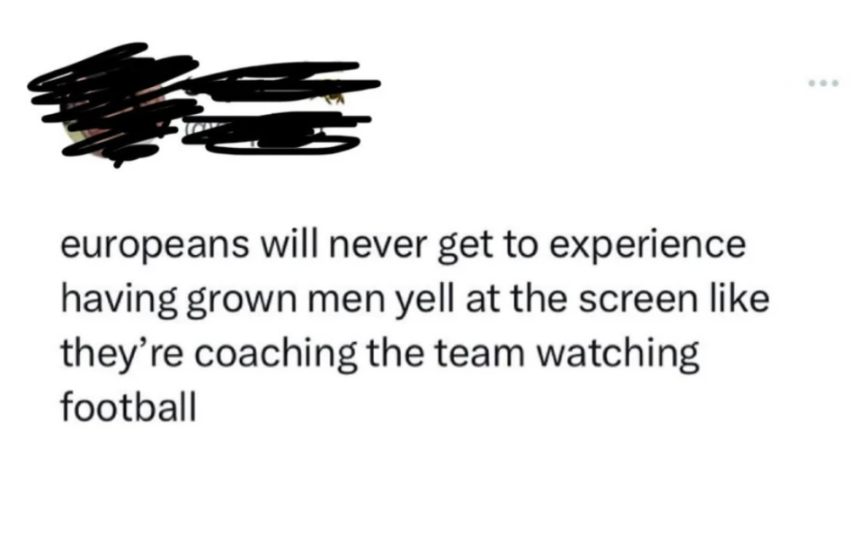 "europeans will never get to experience having grown men yell at the screen like they're coaching the team watching football"