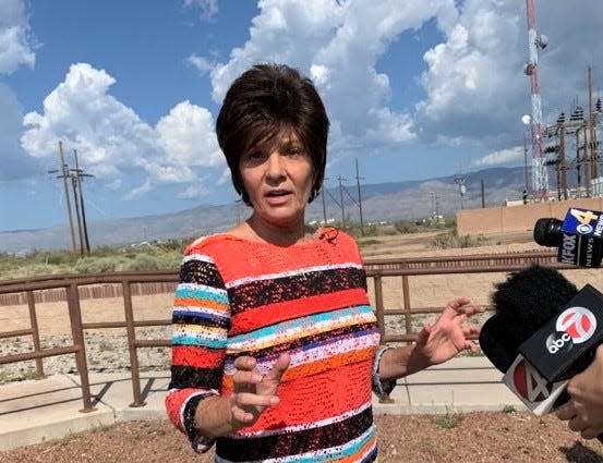 U.S. Rep. Yvette Herrell, a Republican., speaks to reporters outside Holloman Air Force Base near Alamogordo on Tuesday, Sept. 7, 2021.