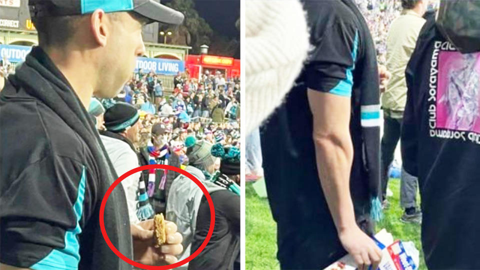 A Port Adelaide fan (pictured left) eating dry Weetbix during an AFL game.