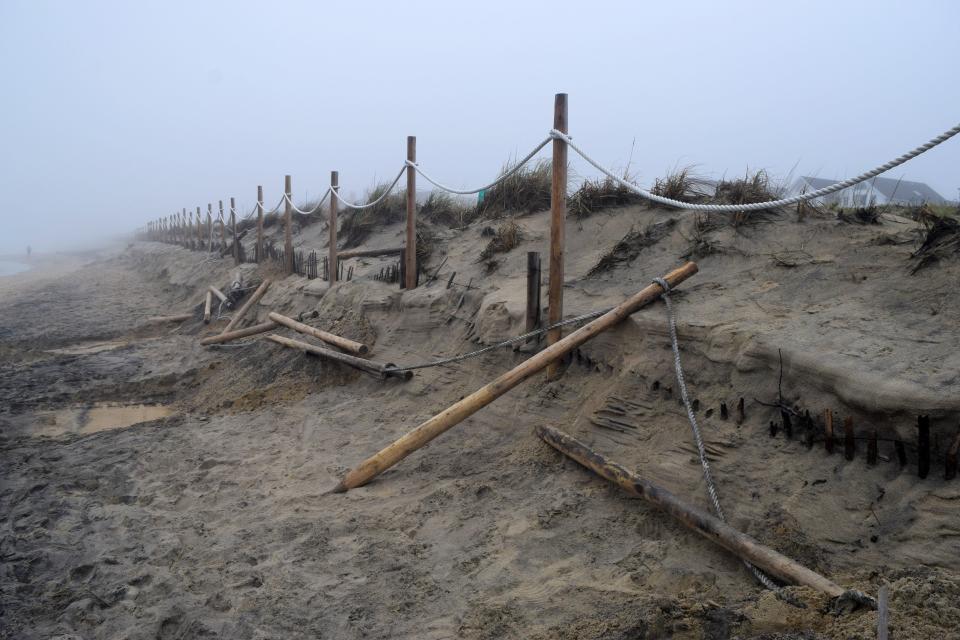 Dewey Beach experienced downed dune fencing, seen here May 13.