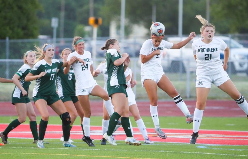 Archmere's Emma Gioffre heads the ball away on a free kick as Archmere's Madelaine Bell (21) also defends in the second half of Archmere's 6-1 win in the DIAA Division II championship game at Delaware State University's Alumni Stadium, Friday, June 2, 2023.