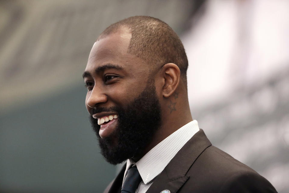 Former New York Jets cornerback Darrelle Revis speaks during a news conference officially announcing his retirement from NFL football, Tuesday, July 24, 2018, in Florham Park, N.J. Revis leaves behind an 11-season career that included four All-Pro selections and a Super Bowl win with the New England Patriots. (AP Photo/Julio Cortez)