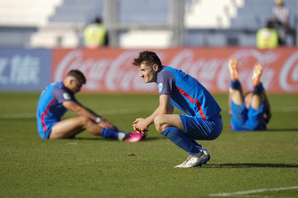 Slovakia's Sebastian Kosa, front, reacts after losing 1-5 to Colombia during a FIFA U-20 World Cup round of 16 soccer match at the Bicentenario stadium in San Juan, Argentina, Wednesday, May 31, 2023. (AP Photo/Ricardo Mazalan)