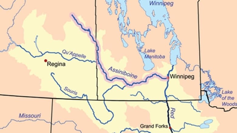 The Assiniboine River starts in Saskatchewan near the community of Preeceville and ends 1,070 kilometres away in Winnipeg, where it merges with the Red River.