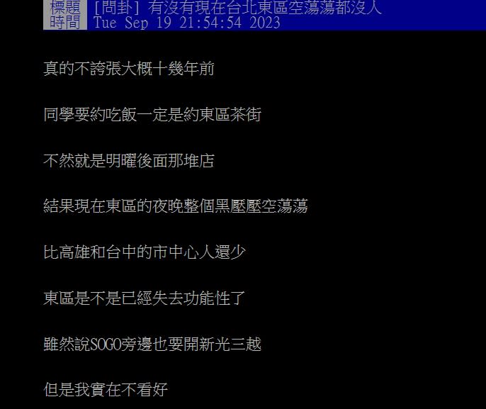 網友認為東區商圈有沒落的趨勢，引起不少人共鳴。（圖／翻攝自　PTT論壇）