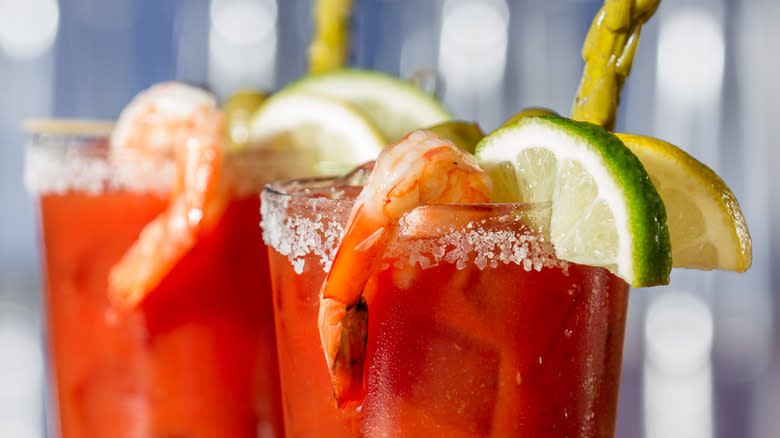 Bloody Marys with cocktail shrimp