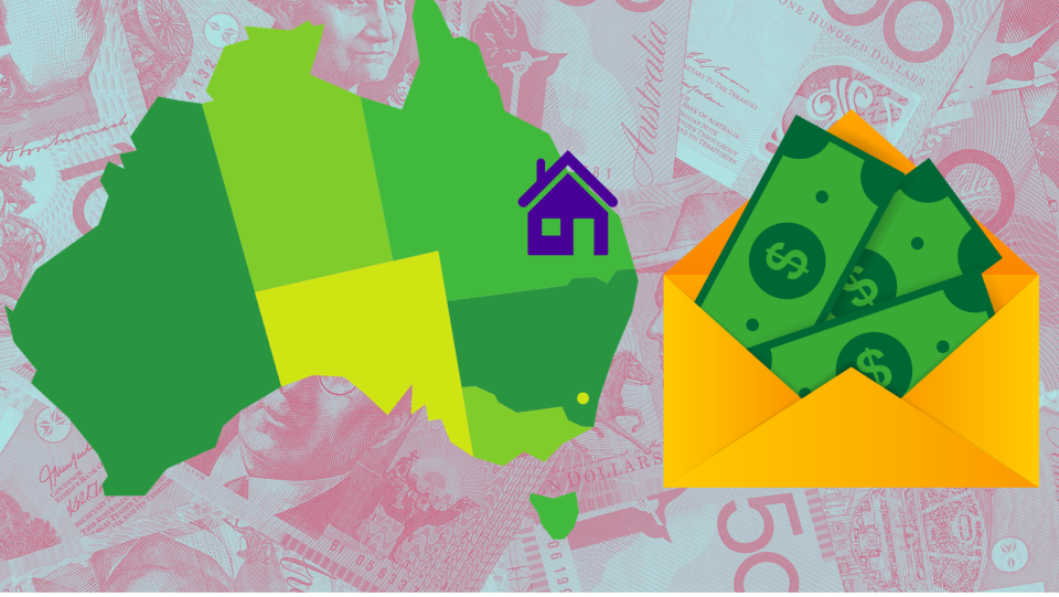 Graphic showing a map of Australia with a home symbol, an envelope with money, on a background of Australian banknotes