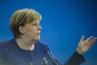 German Chancellor Angela Merkel leads a Christian Democratic Union party's leaders meeting at the party's headquarters a day after the Bavarian state elections, in Berlin, Monday, Oct. 15, 2018. (AP Photo/Markus Schreiber)