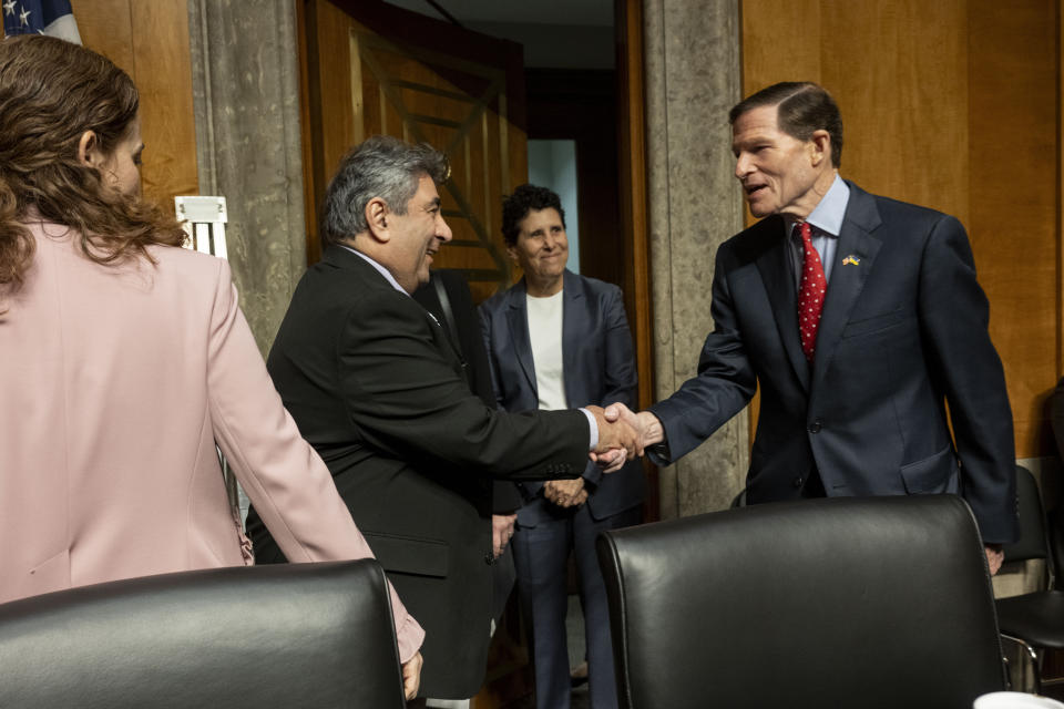 Boeing Quality Engineer Sam Salehpour meets with Sen. Richard Blumenthal, D-Conn., right, before the start of a Senate Homeland Security and Governmental Affairs - Subcommittee on Investigations hearing to examine Boeing's broken safety culture on Wednesday, April 17, 2024, in Washington. (AP Photo/Kevin Wolf)