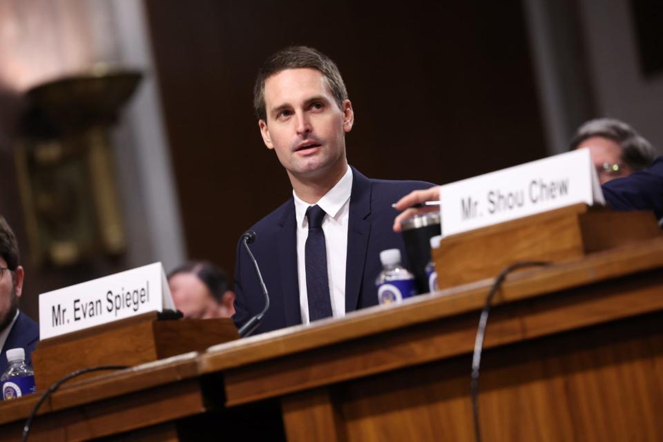 Co-founder and CEO of Snap Inc., Evan Spiegel, testifies before the Senate Judiciary Committee about Big Tech and the Online Child Sexual Exploitation Crisis during a hearing today on Jan. 31, 2024, at Capitol Hill in Washington, DC.