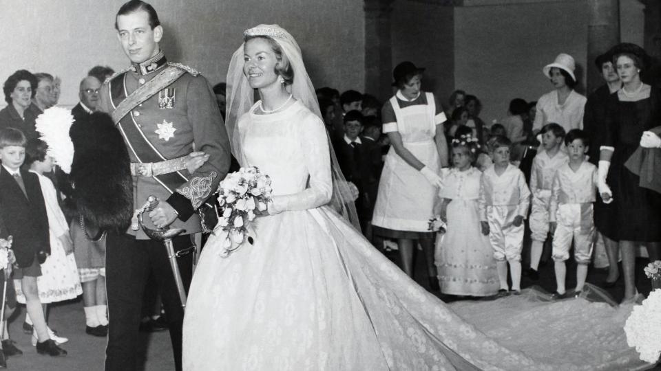 The Duke of Kent and the bride Katherine Worsley arrive for the reception at Hovingham Hall