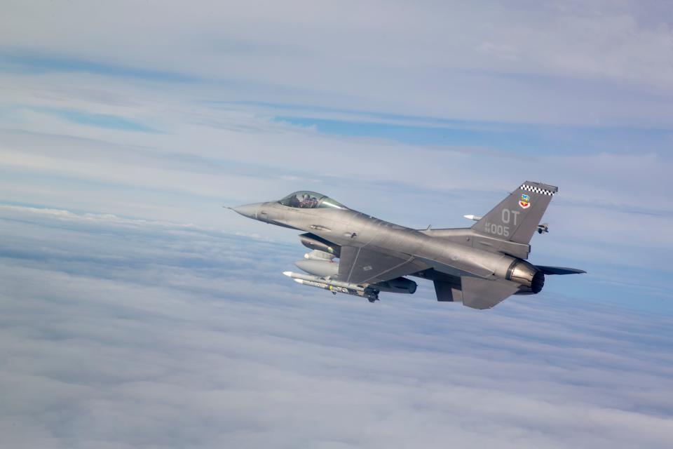 An F-16C Fighting Falcon from the 85th Test Evaluation Squadron flies a test mission March 19, 2019 near Eglin Air Force Base, Fla.