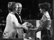 <p>Presenting a BAFTA to actress Francesca Annis for her part in <em>The Comedy of Errors.</em></p>