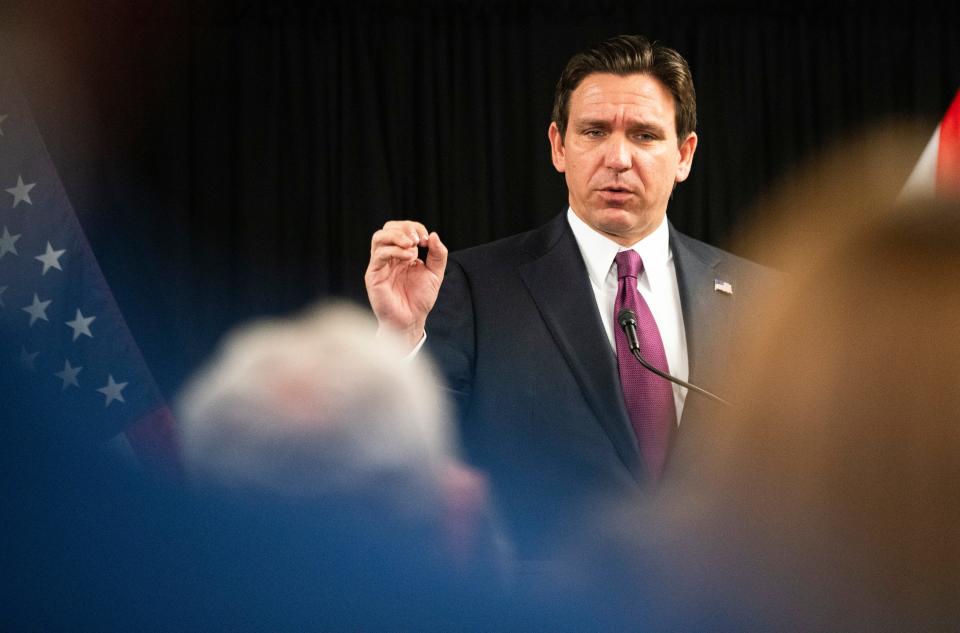 Gov. Ron DeSantis speaks at The Freedom Institute of Collier County in Naples on Wednesday, Feb. 28, 2024.