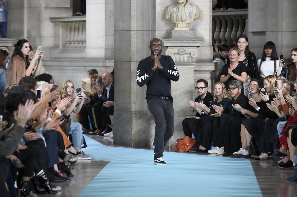 PARIS, FRANCE - SEPTEMBER 29:  Creative Director Virgil Abloh acknowledges the audience during the Off-White show as part of Paris Fashion Week Womenswear Spring/Summer 2017 on September 29, 2016 in Paris, France.  (Photo by Kristy Sparow/Getty Images)