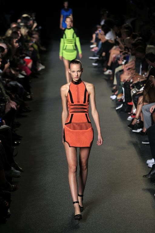 A model displays a creation designed by Alexander Wang for