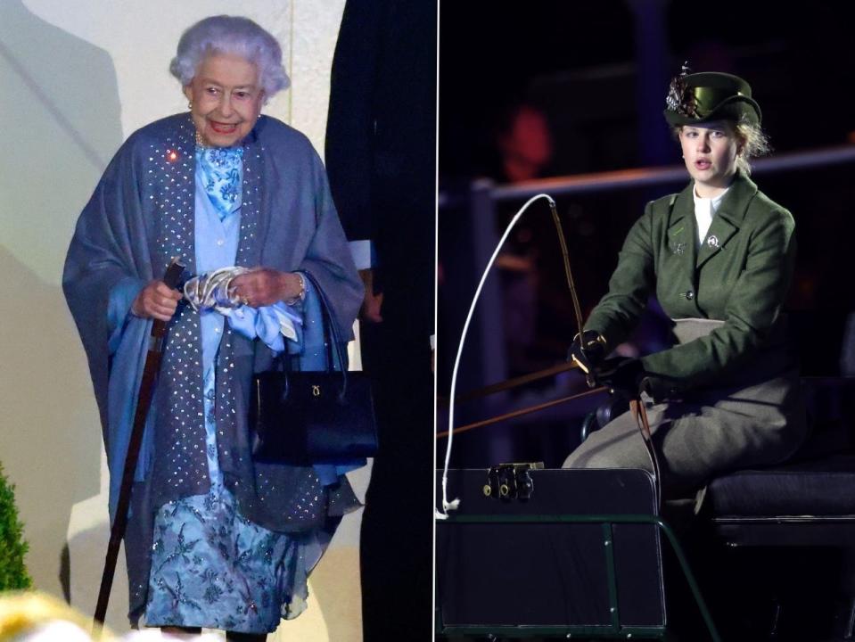 Queen Elizabeth II (left), and her granddaughter Lady Louise Windsor performing at the horse show (right).