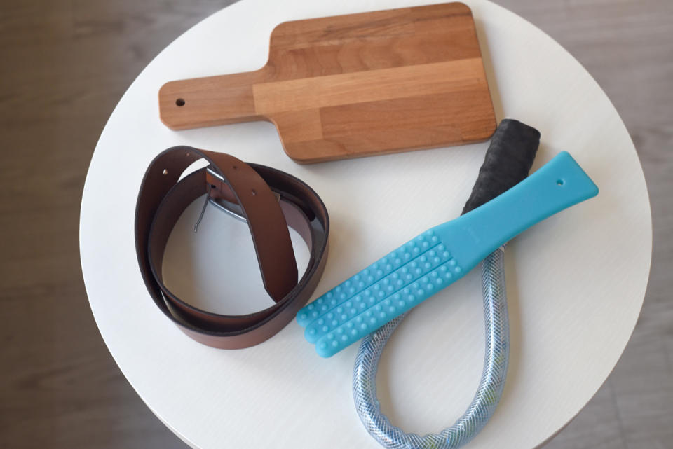 BDSM ‘pervertibles’ (clockwise): Chopping board, acupressure massager (in blue), DIY tool, belt. (Photo: Yahoo Lifestyle Singapore)