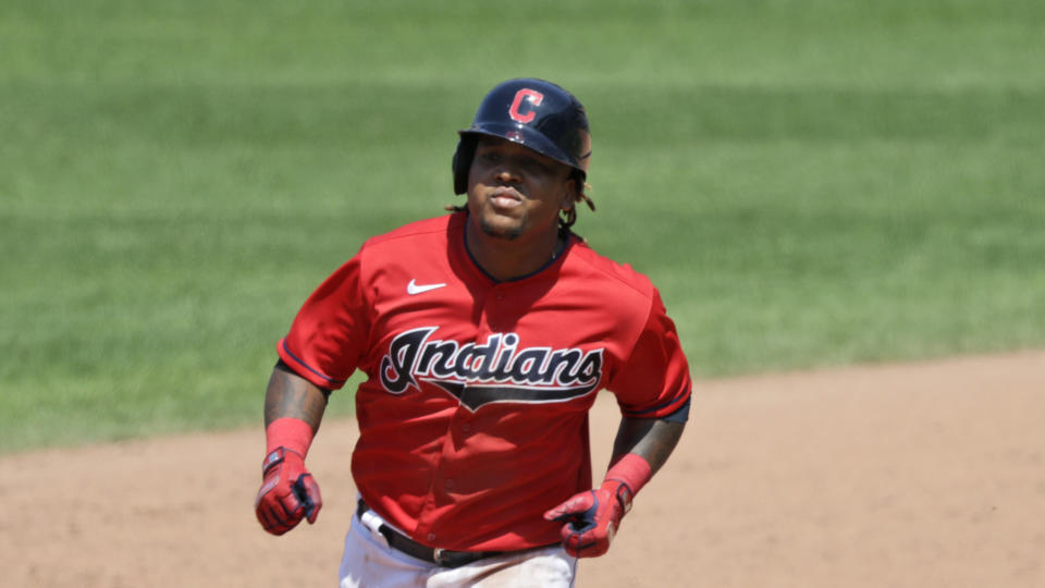 Cleveland Indians' Jose Ramirez runs the bases after hitting a three-run home run in the fourth inning in a baseball game against the Kansas City Royals, Sunday, July 26, 2020, in Cleveland. (AP Photo/Tony Dejak)