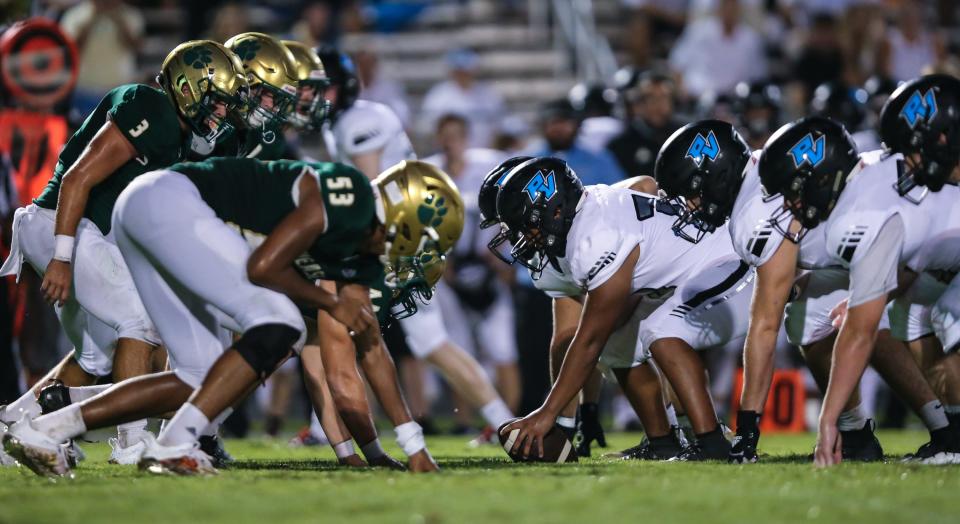 Nease and Ponte Vedra linemen face off during the teams' 2020 meeting.